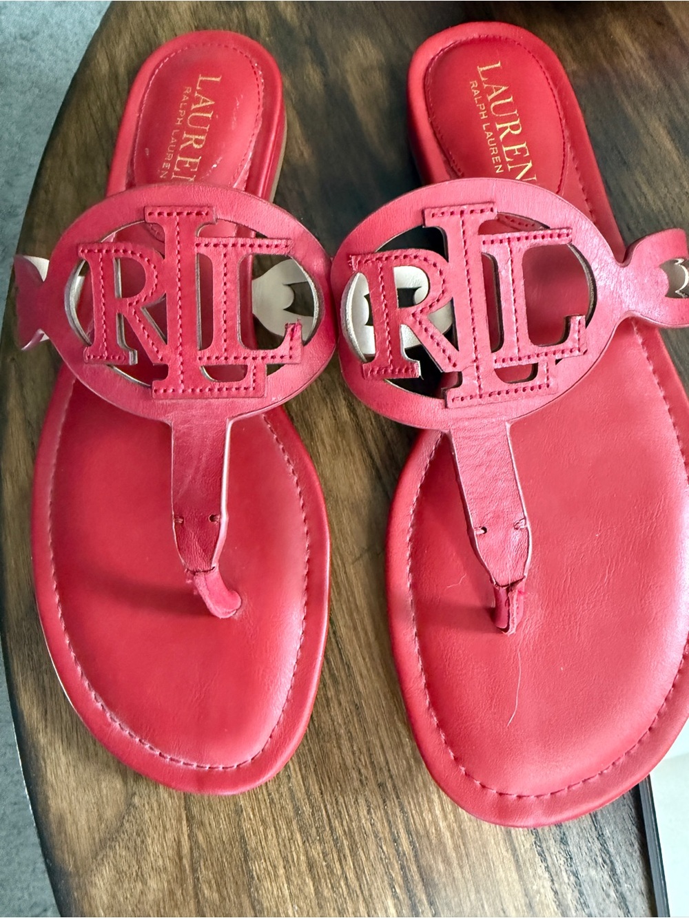 Lauren Ralph Lauren Audrie Red Leather Monogram Thong Sandals